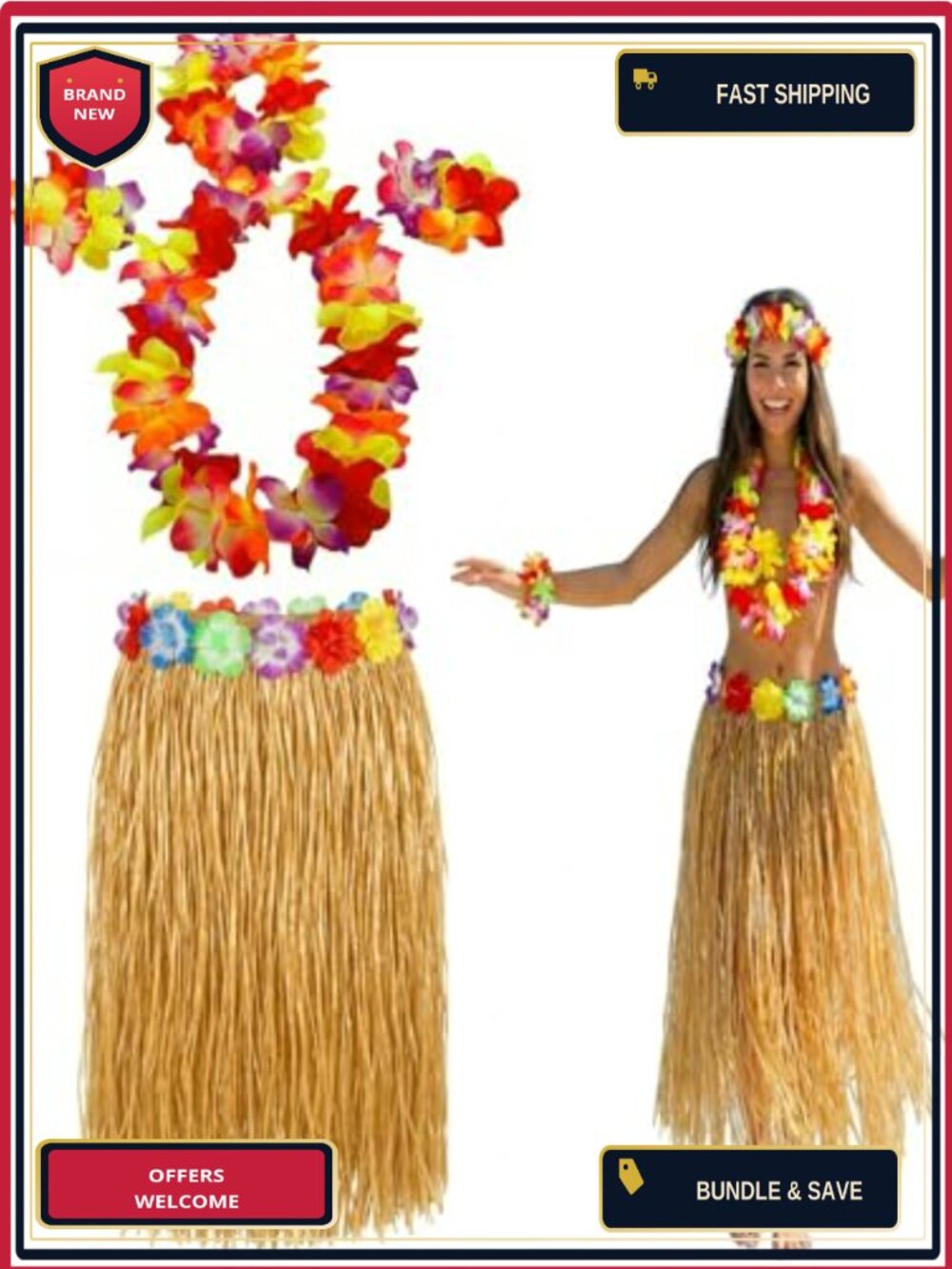 Adult Hula Grass Skirt Set with Flower Leis Hawaiian Luau Party Costume
